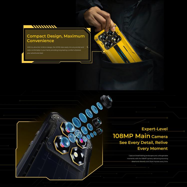 Oukitel WP60 Rugged Phone, 16GB+512GB, Night Vision, 108MP Camera, Side Fingerprint, 7.2 inch Android 15 MediaTek Dimensity 7025 Octa Core, NFC, OTG, Network: 5G, 16GB+512GB