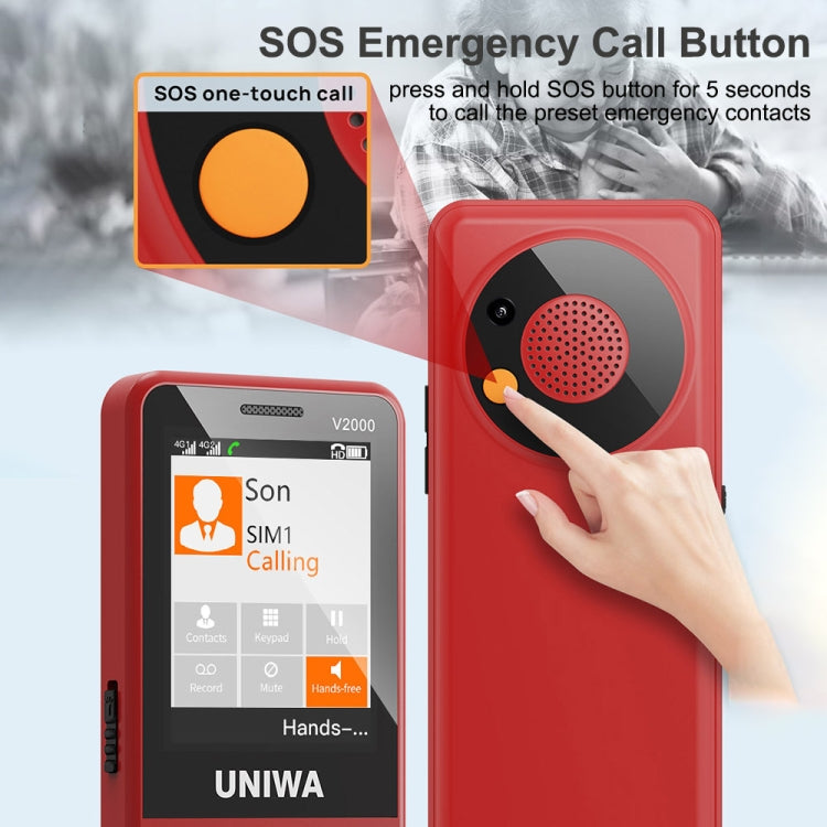 UNIWA V2000 Elder Keypad Phone, 2.4 inch Unisoc T107, 1700mAh Battery, LED Flashlight, SOS, Network: 4G, EU Plug, EU Plug