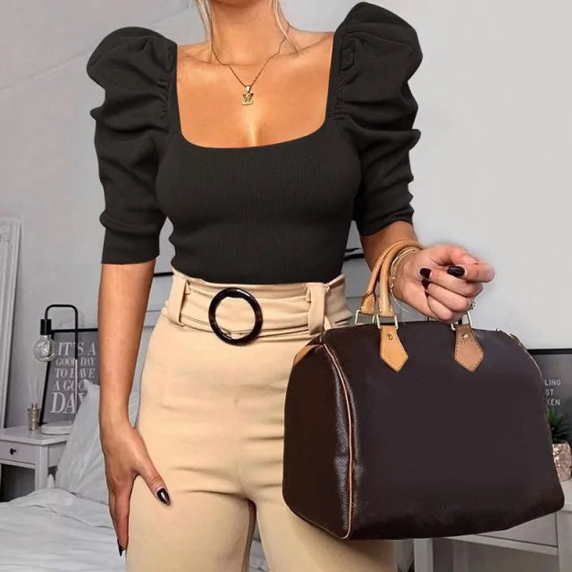 Elegant Puff Sleeves Blouse with Square Neckline - Chic Spring Essential for Effortless Style