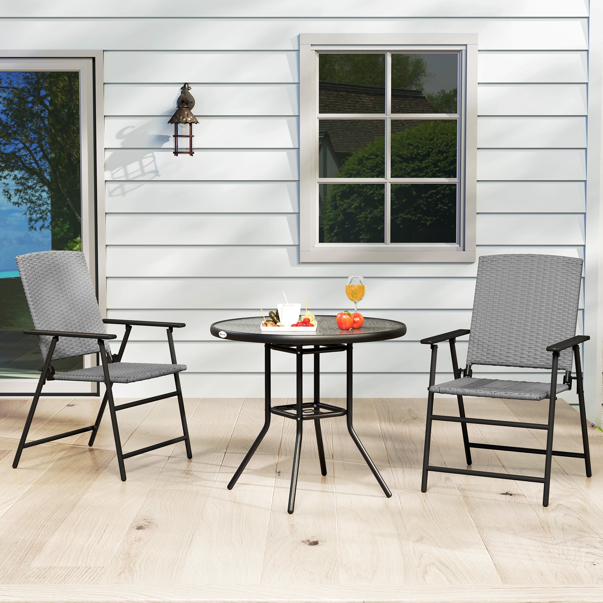 Outsunny 2pcs Rattan Chair Foldable Garden Furniture w/ Armrest Grey