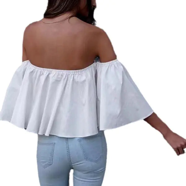 Elegant Off-Shoulder Chiffon Blouse with Wrap Design and 5/4 Sleeve in White & Blue
