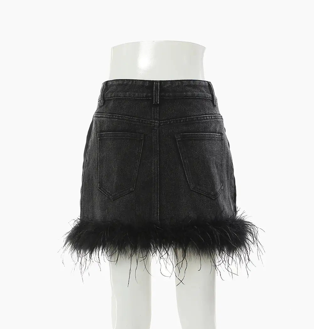 Feathered Elegance A-Line Denim Skirt for Women - Chic High-Rise Summer Fashion