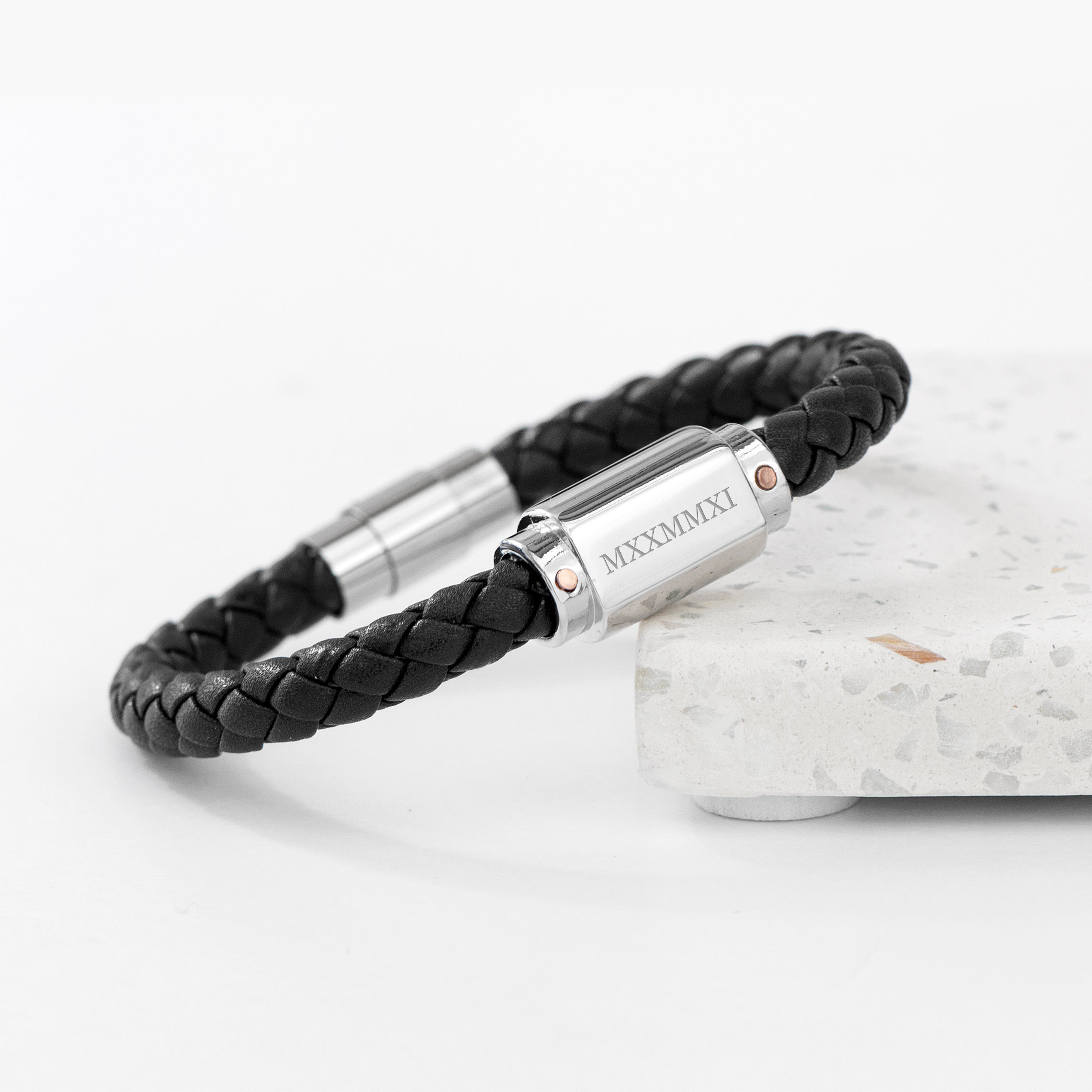 Personalised Men's Roman Numerals Luxury Black Leather Bracelet