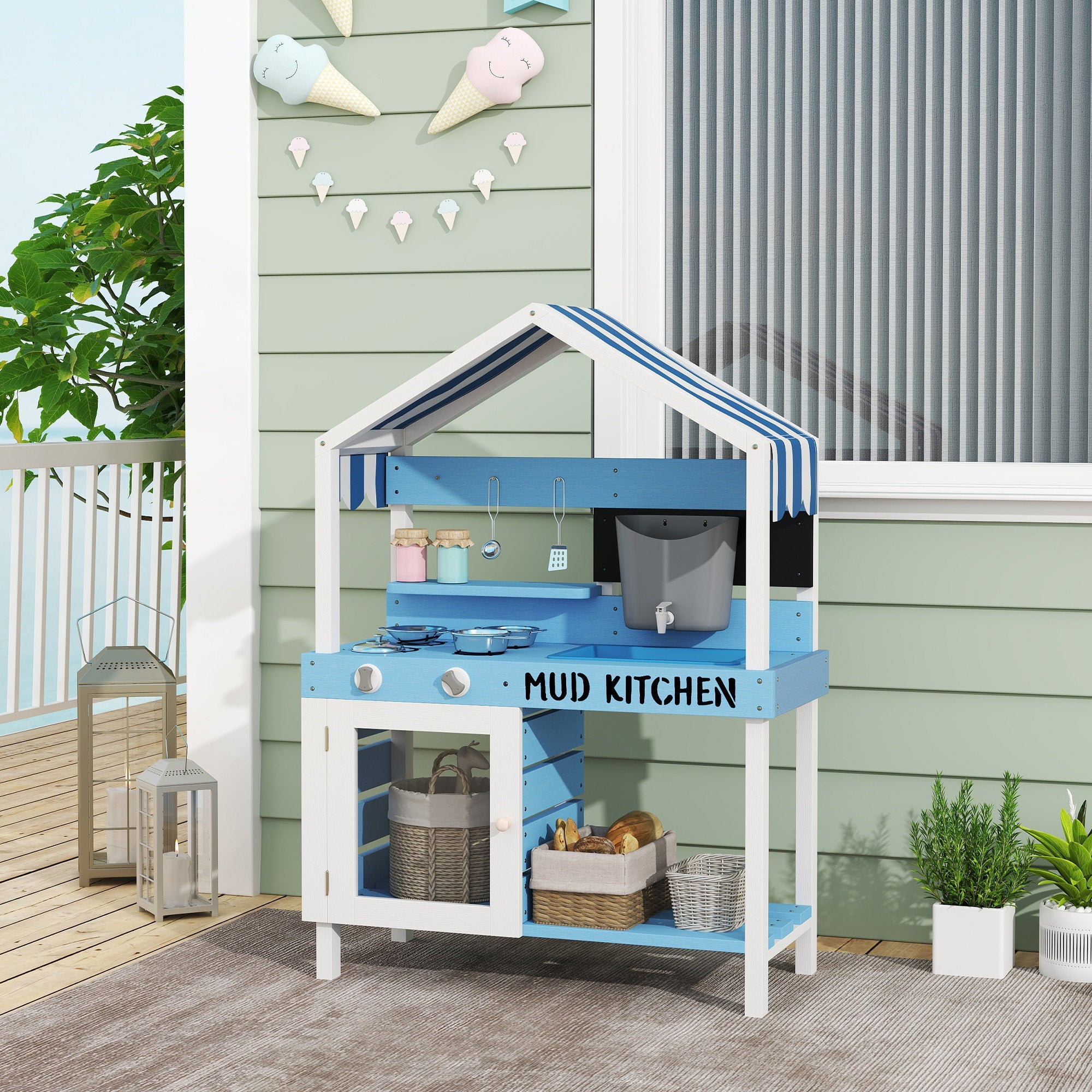 AIYAPLAY Kids Mud Kitchen, Outdoor Play Kitchen for Boys Girls, Blue