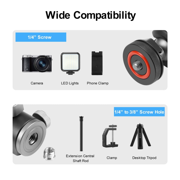 PULUZ Dual Cold Shoes Aluminum Alloy Tripod Ball Head Adapter (Black)