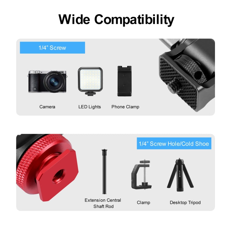 PULUZ Mini 180 Degree Swing Tripod Ball Head Cold Shoe Mount Adapter, Mini 180 Degree Ball Head(Red), Mini 180 Degree Ball Head(Silver)