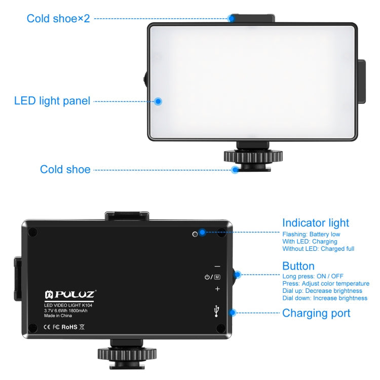 PULUZ 104 LED 3200K / 5600K Dimmable Video Light on-Camera Photography Lighting Fill Light for Canon, Nikon, DSLR Cameras, 104 LED Dimmable Light