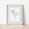 Flowers Print - Pale Blue Stripes
