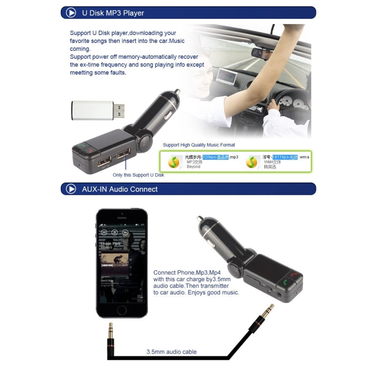 BC-06 Bluetooth Car Kit FM Transmitter Car MP3 Player with LED Display 2 USB Charger & Handsfree Function, BC06