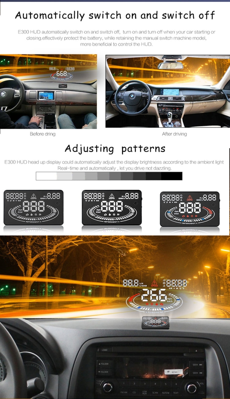 E300 5.5 inch Car OBDII / EUOBD HUD Vehicle-mounted Head Up Display Security System, Support Speed & Fuel Consumption, Overspeed Alarm,  Fuel Consumption, Water Temperature, etc., E300