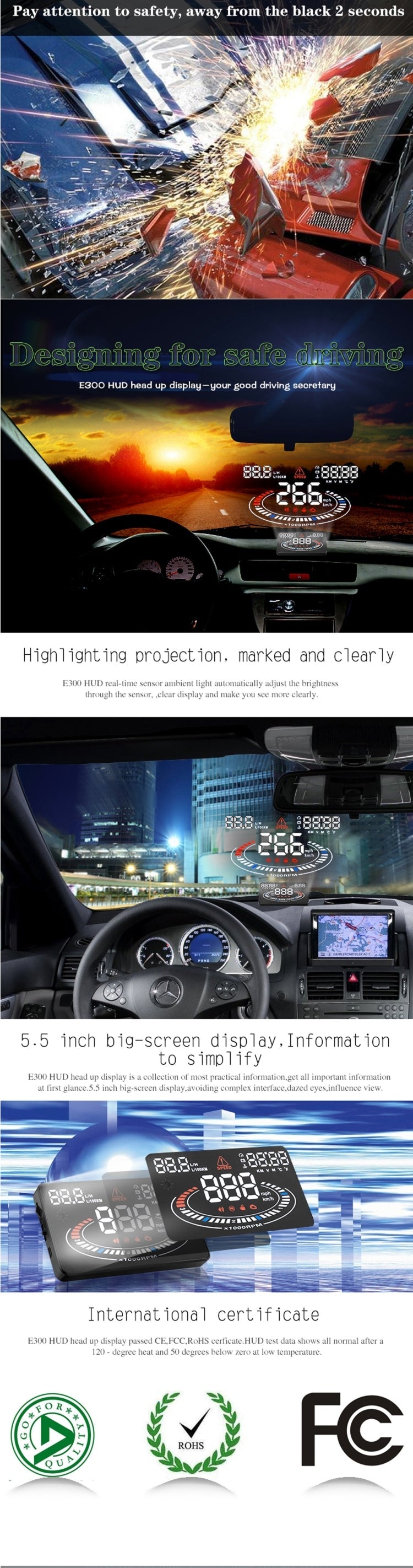 E300 5.5 inch Car OBDII / EUOBD HUD Vehicle-mounted Head Up Display Security System, Support Speed & Fuel Consumption, Overspeed Alarm,  Fuel Consumption, Water Temperature, etc., E300