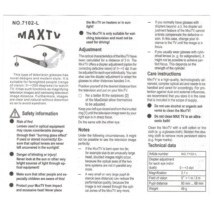 7012L 2.1X TV Magnification Glasses for Hyperopia People (Range of Vision: 0 to +300 Degrees)