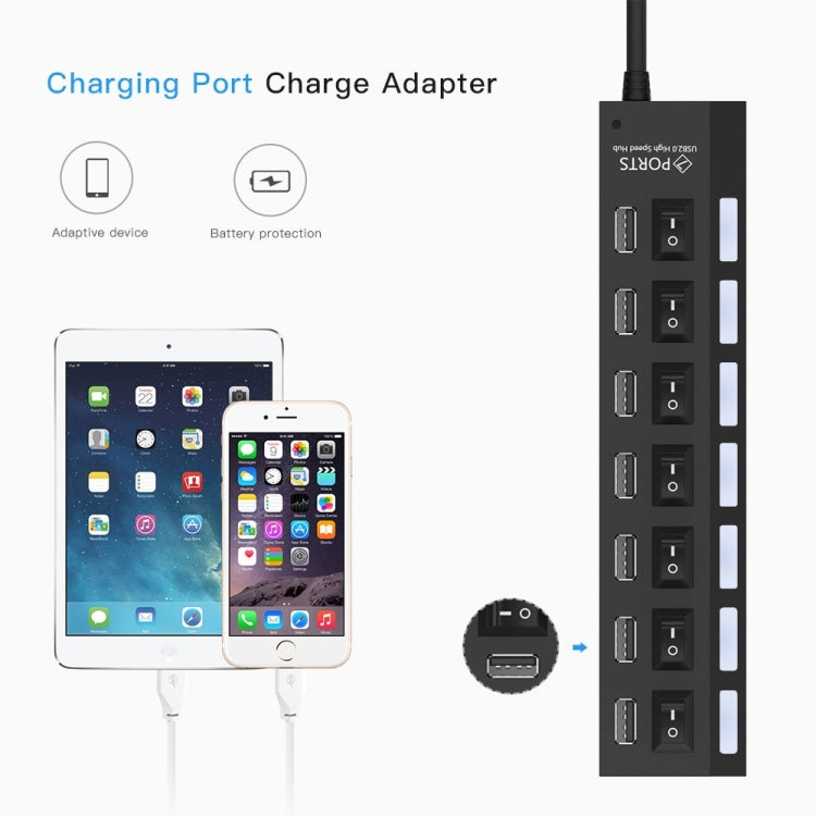 7 Ports USB Hub 2.0 USB Splitter High Speed 480Mbps with ON/OFF Switch / 7 LEDs(Black)