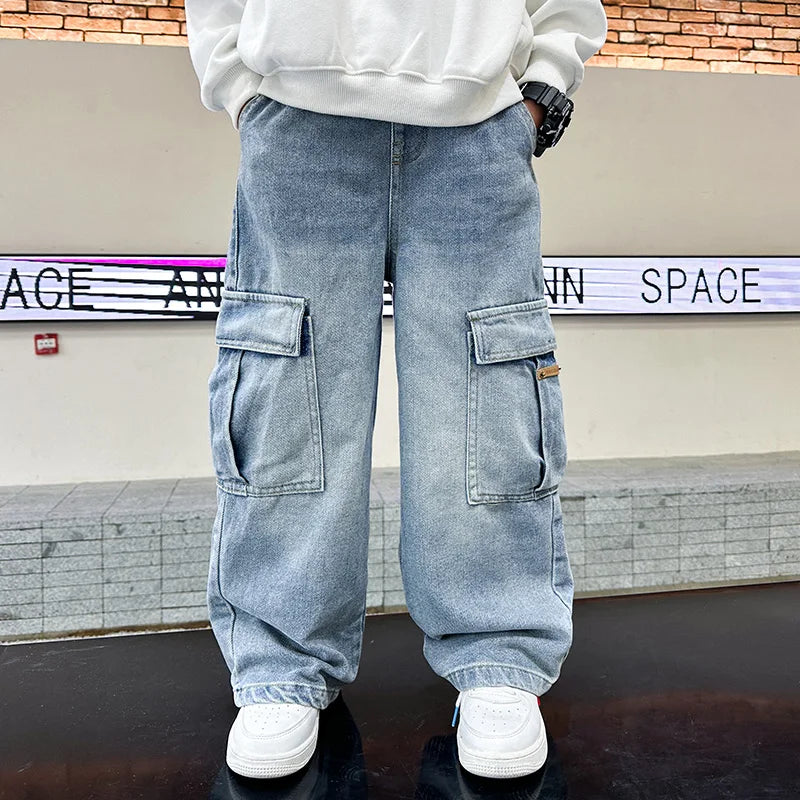 Boys Cargo Denim Jeans, Loose Fit Fashion Trousers