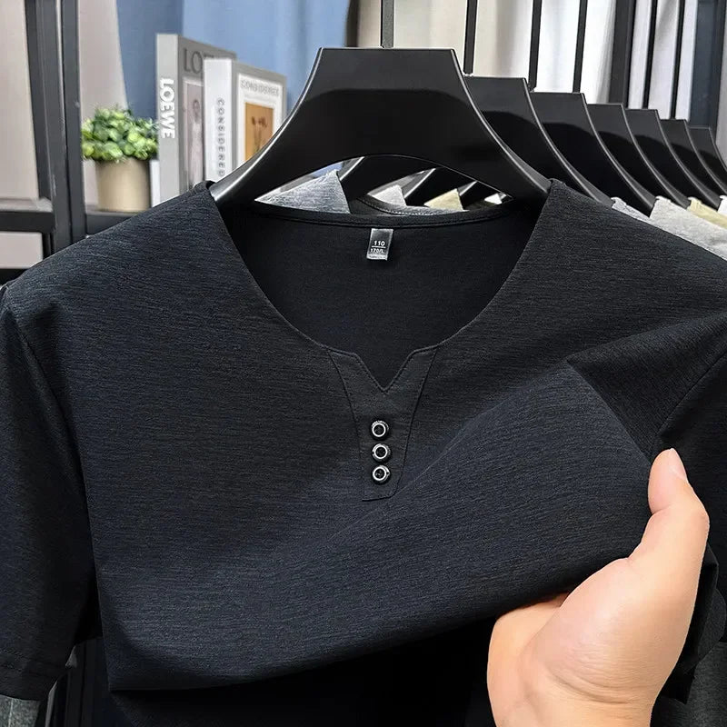 Men’s Three-Button V-Neck T-Shirt – Business Casual Summer Short Sleeve Top (S–4XL)
