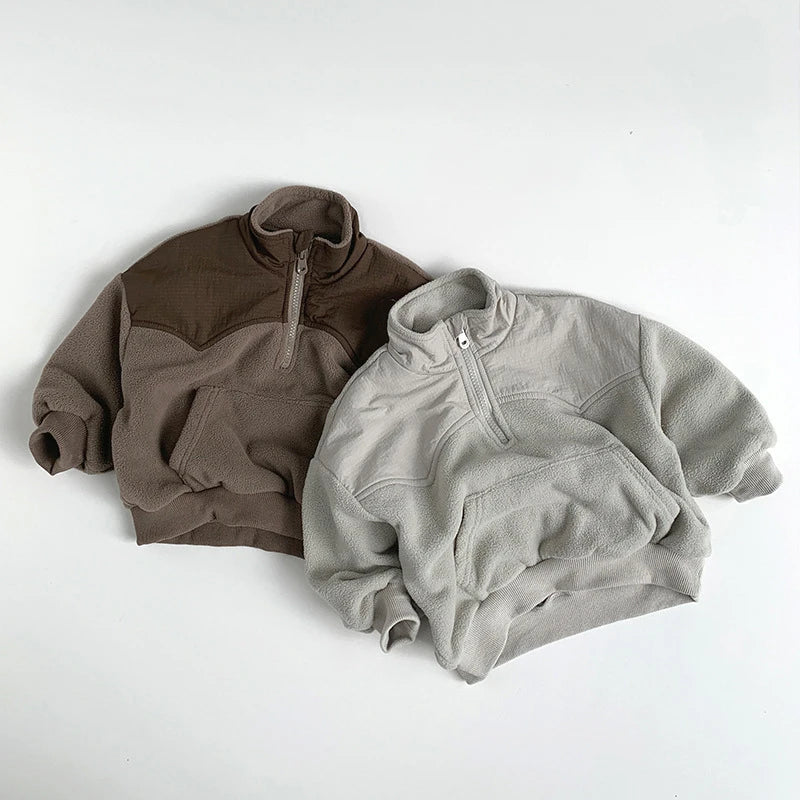 Kids Fleece Half-Zip Pullover, Unisex Winter Hoodie, Warm Colour Block Sweater