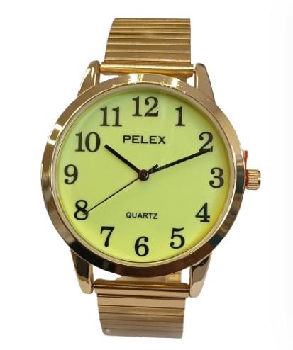 Pelex Mens Big number Gold Case Night Glow Dial Gold Bracelet Strap Quartz Watch