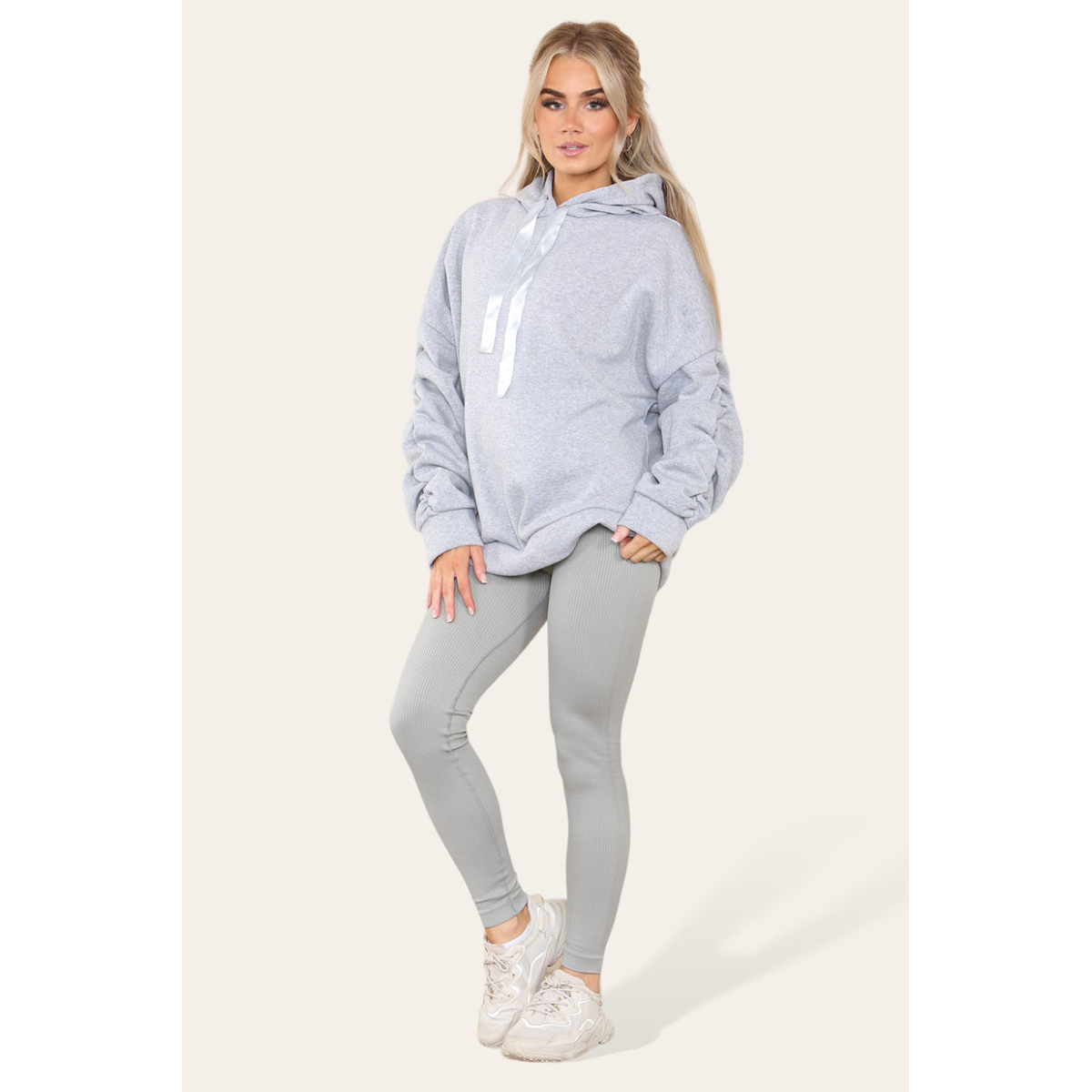 Ruched Sleeves Plus Size Hoodie with Satin Ribbon - Stylish Comfort