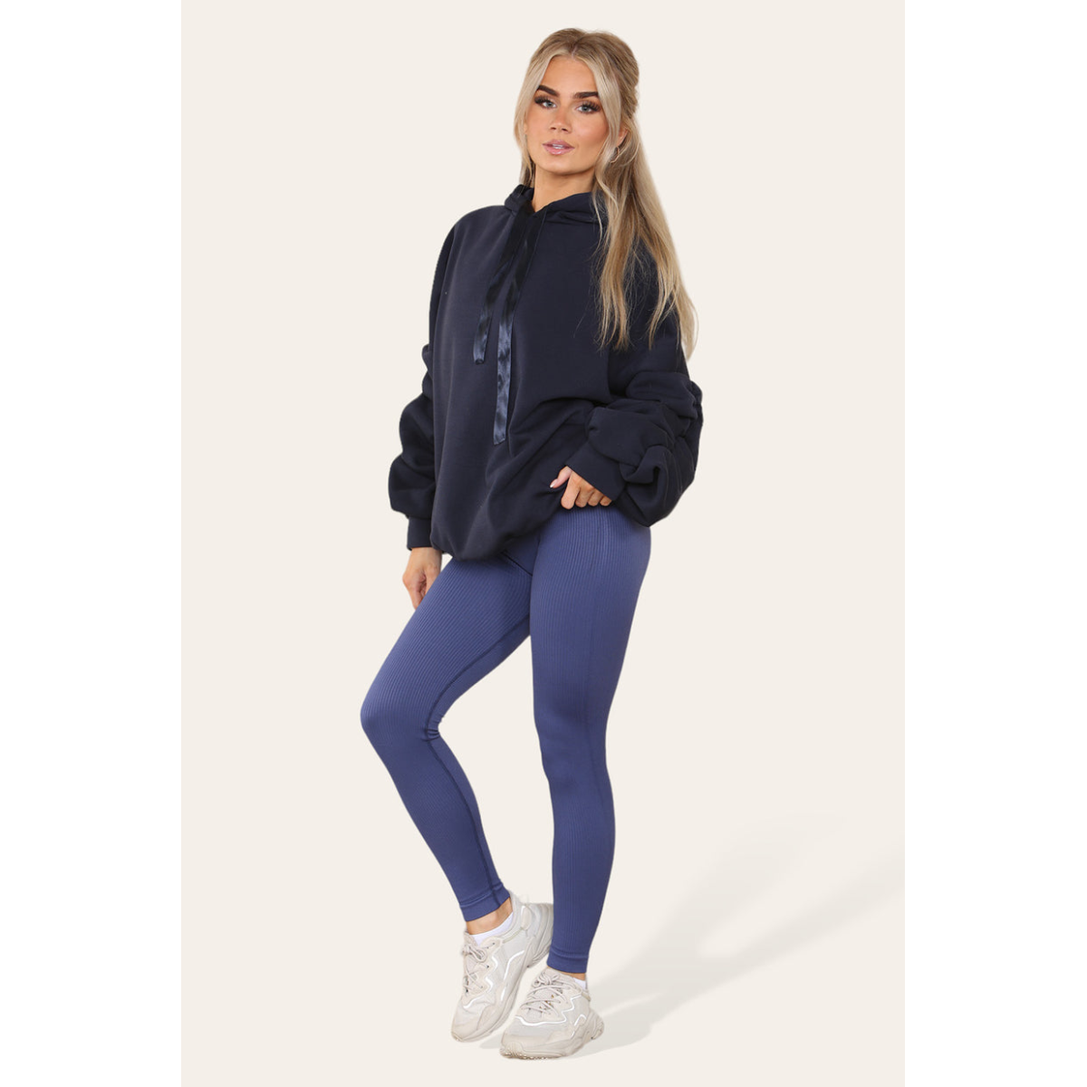 Ruched Sleeves Plus Size Hoodie with Satin Ribbon - Stylish Comfort