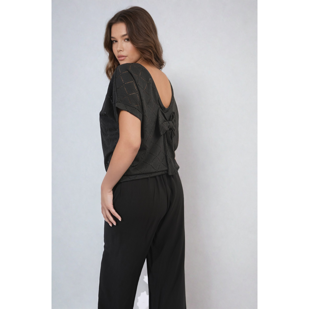 Bow Back Eyelet Details Short Sleeve Oversized Top