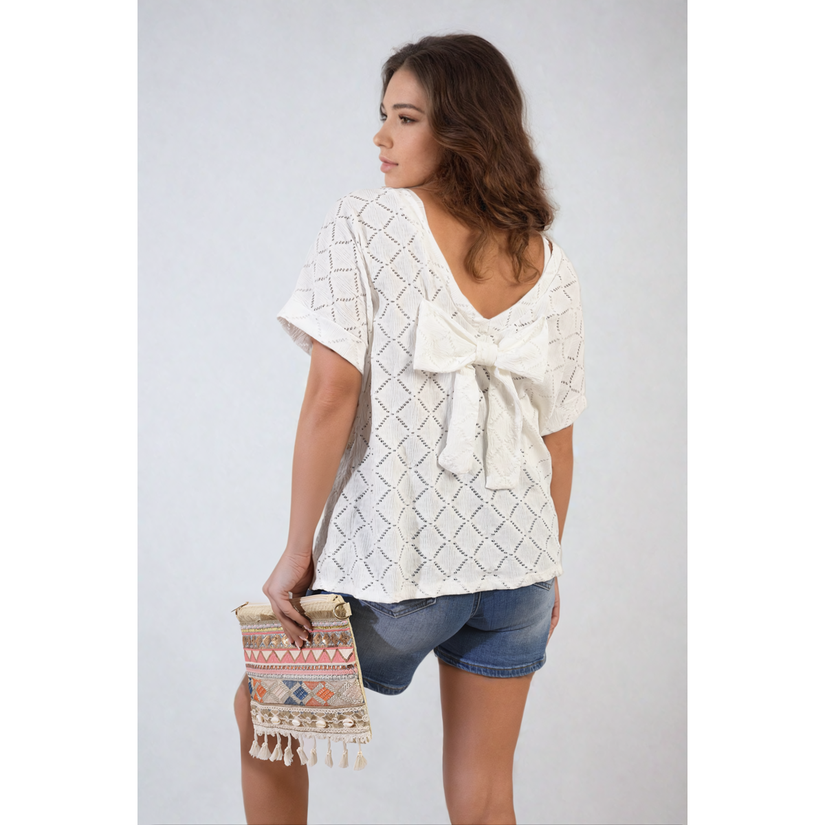 Bow Back Eyelet Details Short Sleeve Oversized Top