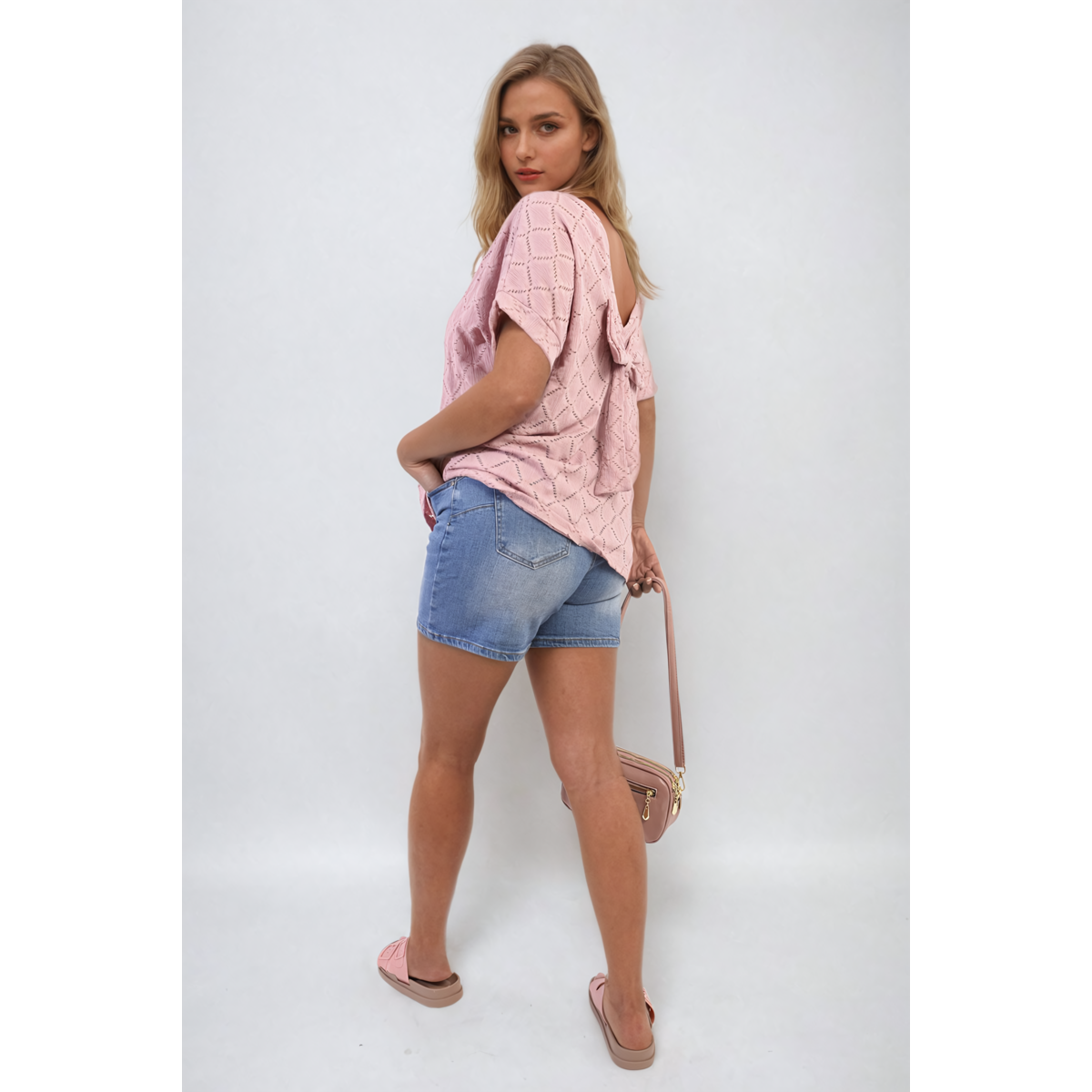 Bow Back Eyelet Details Short Sleeve Oversized Top