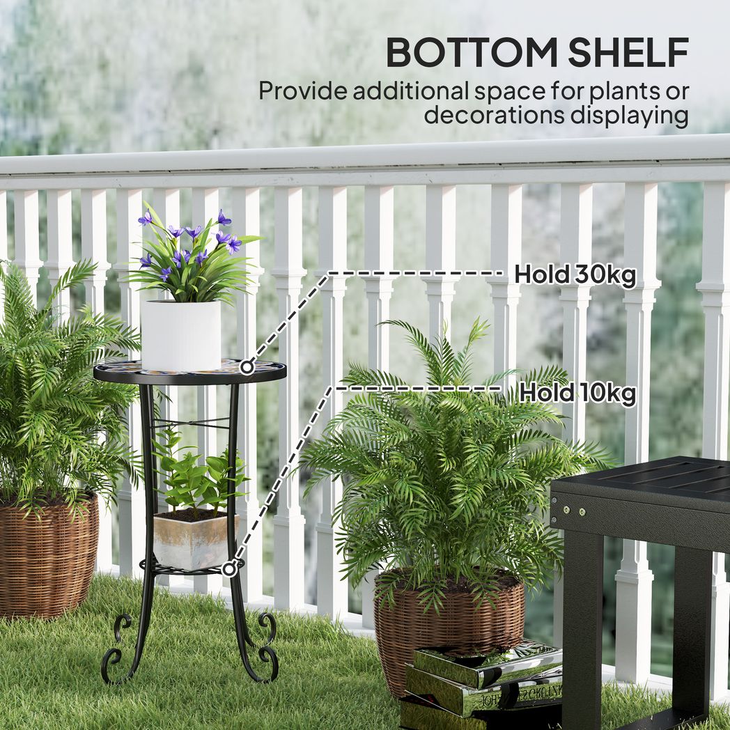 Outsunny 35.5cm Round Mosaic Garden Side Table Plant Stand w/ Shelf