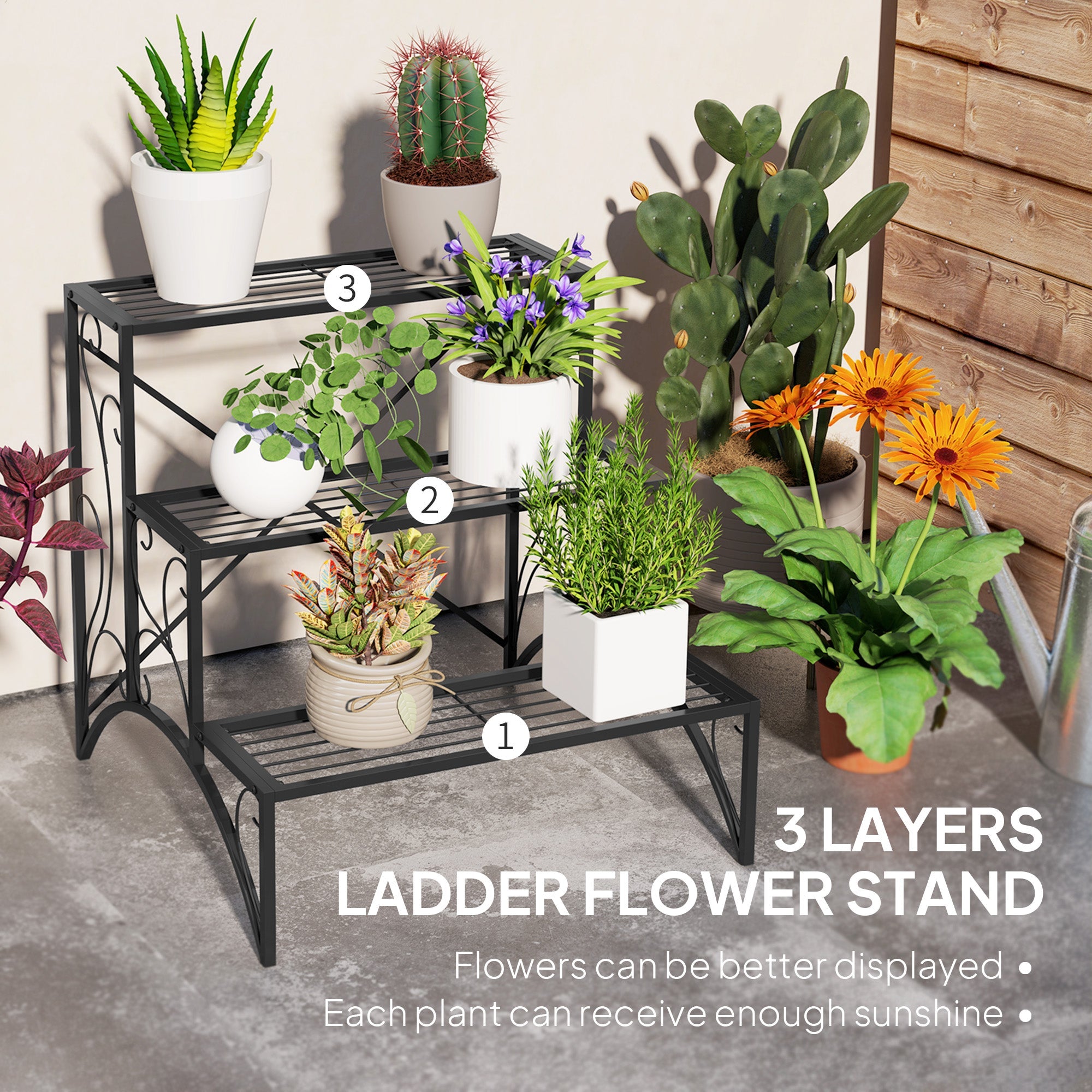 Outsunny 3-Tier Metal Plant Stand for Garden Balcony Indoor Outdoor, Black