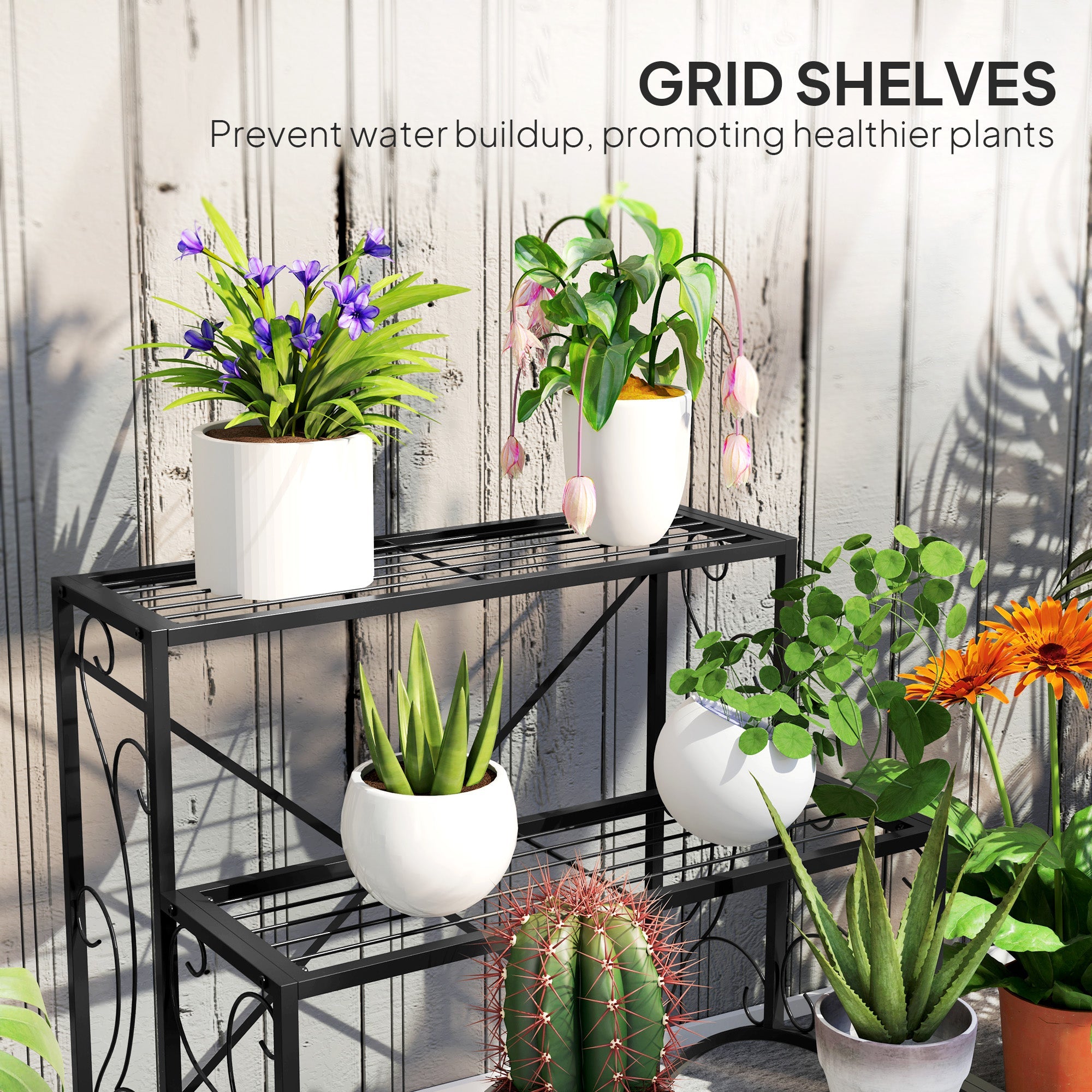 Outsunny 3-Tier Metal Plant Stand for Garden Balcony Indoor Outdoor, Black