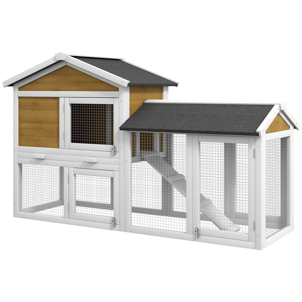 Pawhut 2-Tier Wooden Rabbit Bunny Guinea Pig Hutch Small Pet House Ramp