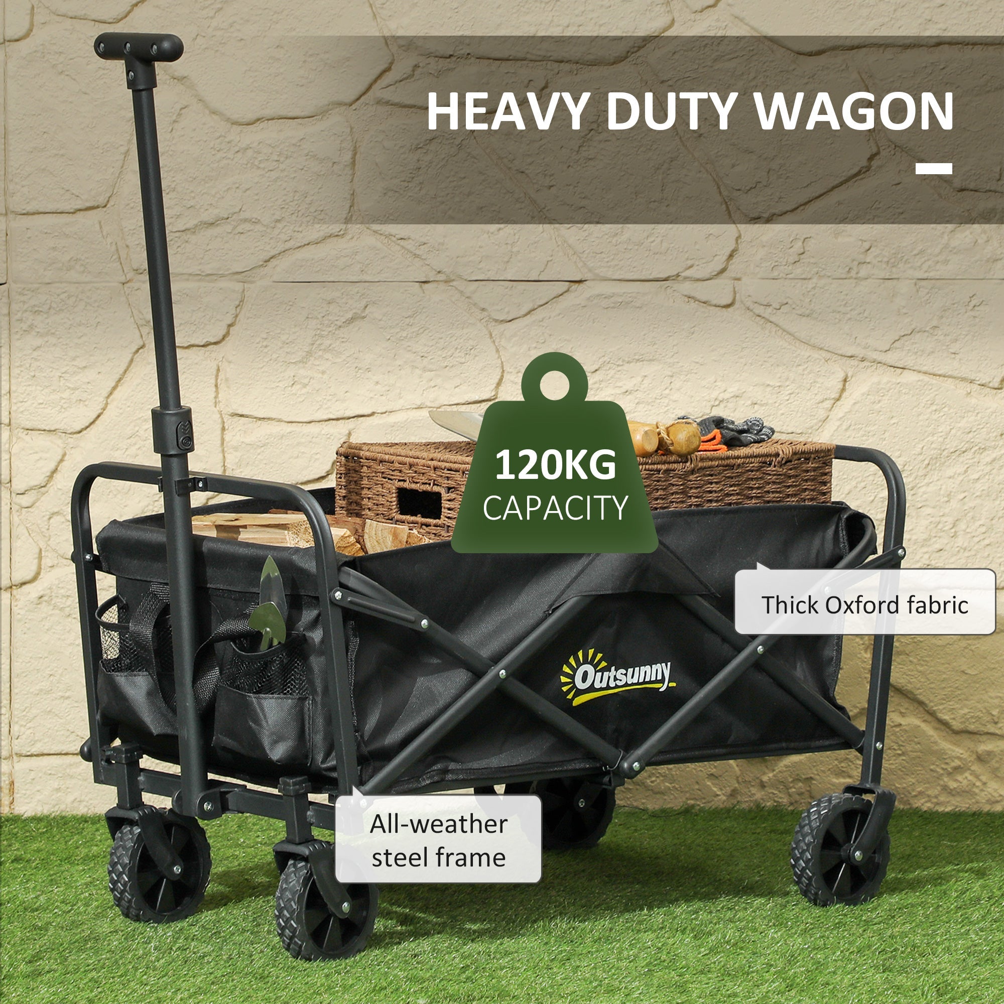 Outsunny 62L Festival Trolley, 120kg Heavy Duty Folding Trolley Cart, Black
