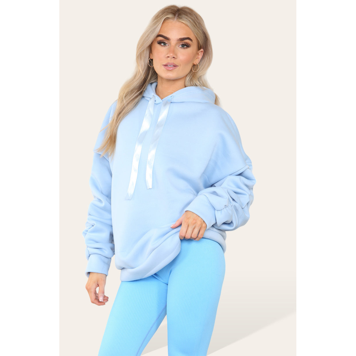 Ruched Sleeves Plus Size Hoodie with Satin Ribbon - Stylish Comfort