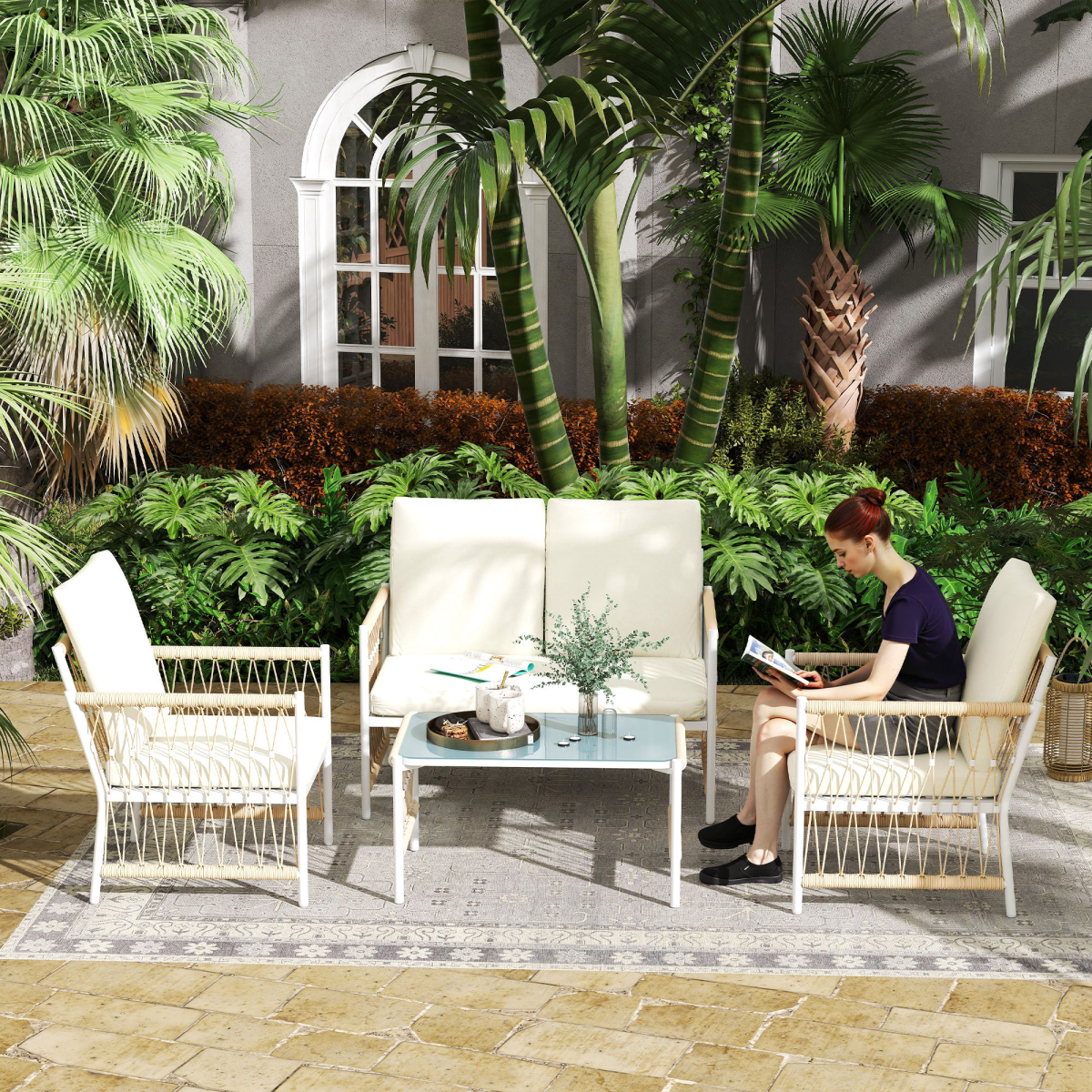 Outsunny 4 Seater Rattan Garden Sofa Set with Glass Top Coffee Table