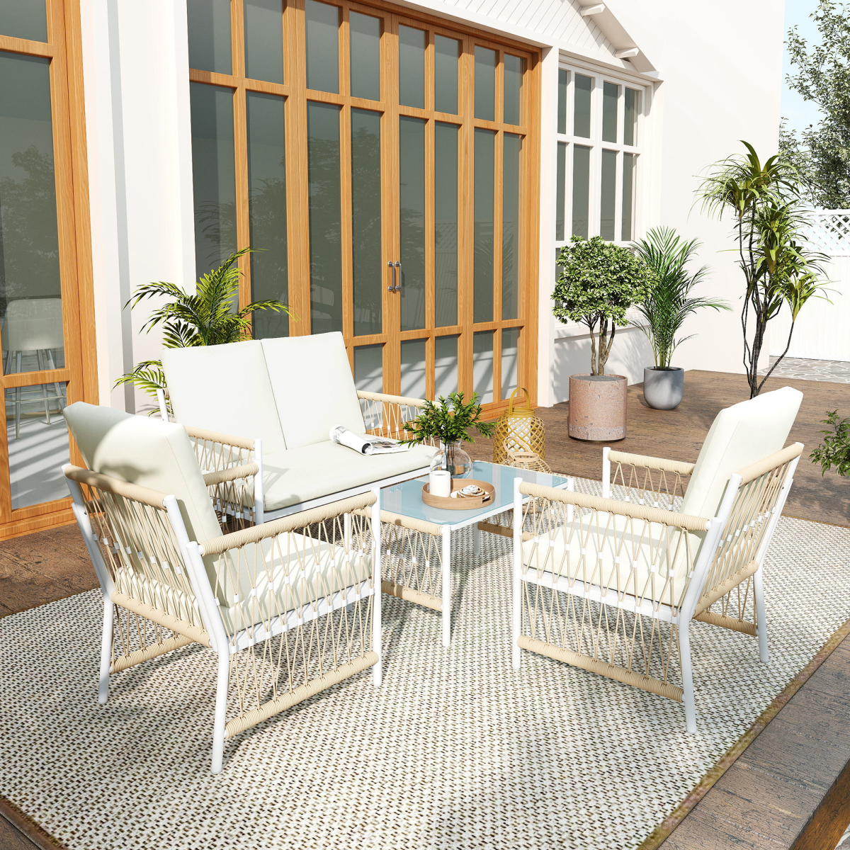 Outsunny 4 Seater Rattan Garden Sofa Set with Glass Top Coffee Table