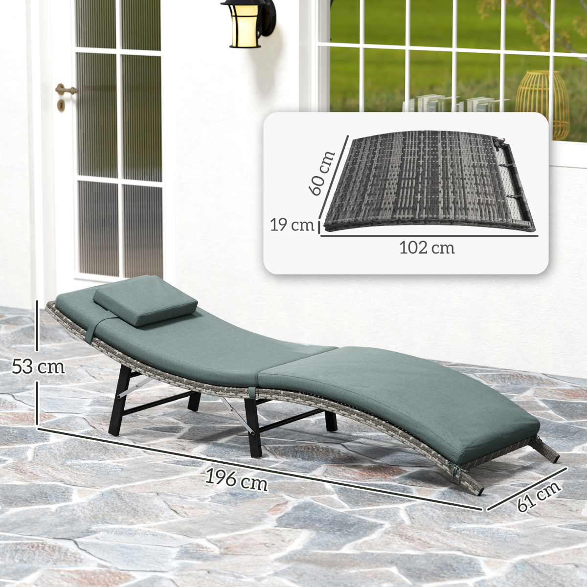 Outsunny Folding Rattan Sun Lounger with Cushion and Pillow