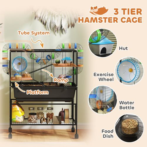 PawHut Hamster Cage, 3 Tier Gerbil Cage on Wheels with Storage Shelf