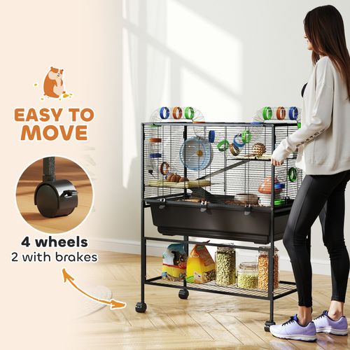 PawHut Hamster Cage, 3 Tier Gerbil Cage on Wheels with Storage Shelf