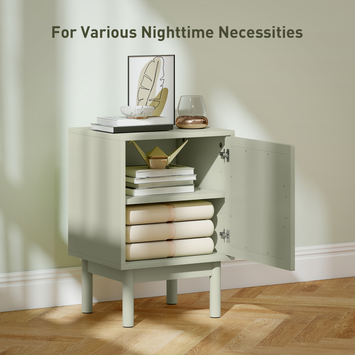 HOMCOM Boho Bedside Table with Rattan Door and Adjustable Shelf