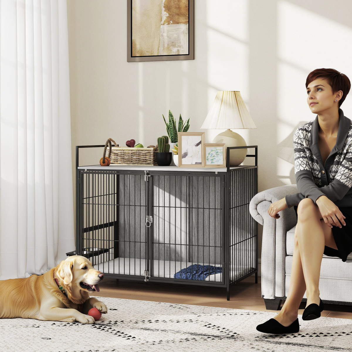 PawHut Dog Crate Furniture with Rotating Bowl Holder for Large Dogs