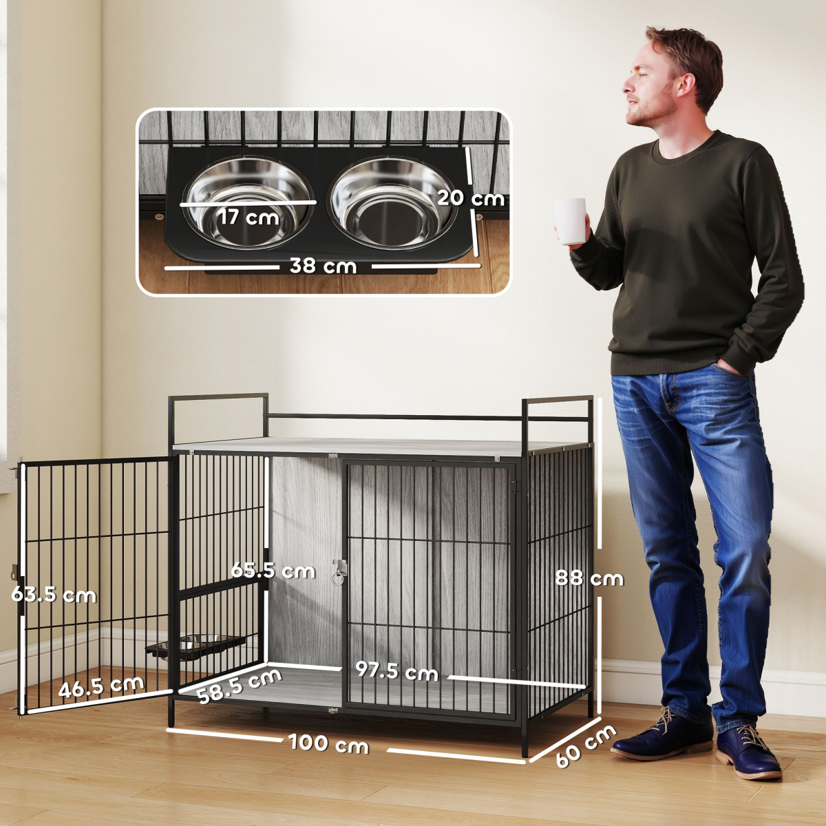 PawHut Dog Crate Furniture with Rotating Bowl Holder for Large Dogs