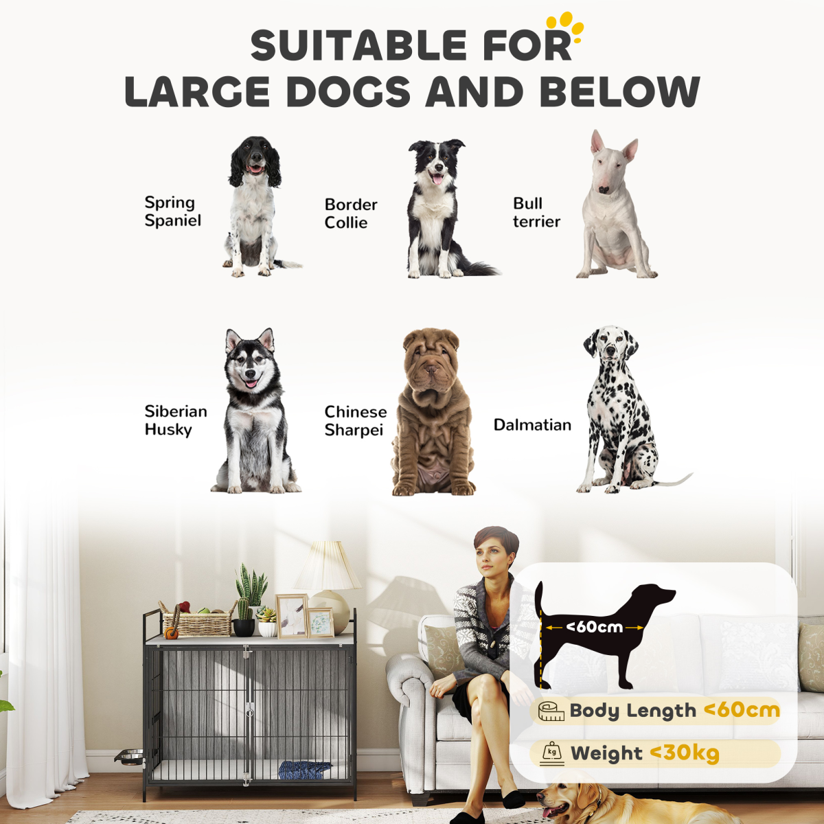 PawHut Dog Crate Furniture with Rotating Bowl Holder for Large Dogs