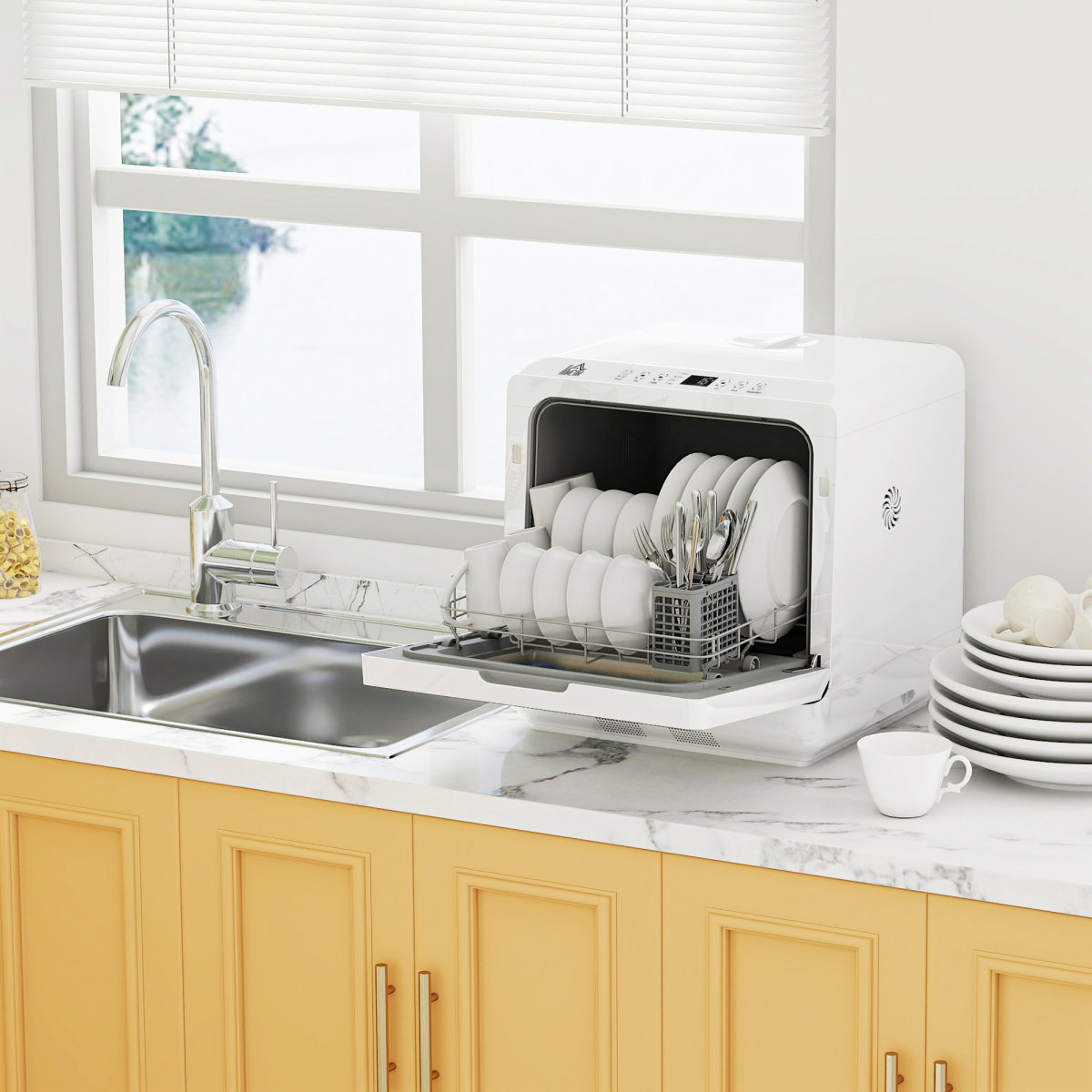 HOMCOM Worktop Dishwasher w/ 4 Place Settings 6 Programs, White