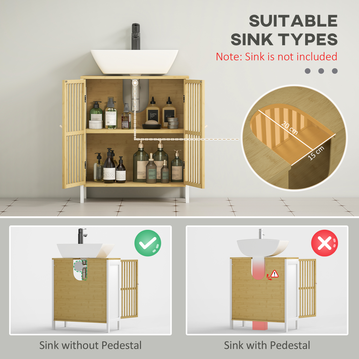 HOMCOM Under Sink Bathroom Cabinet, Bamboo Sink Storage Cabinet Slat Doors