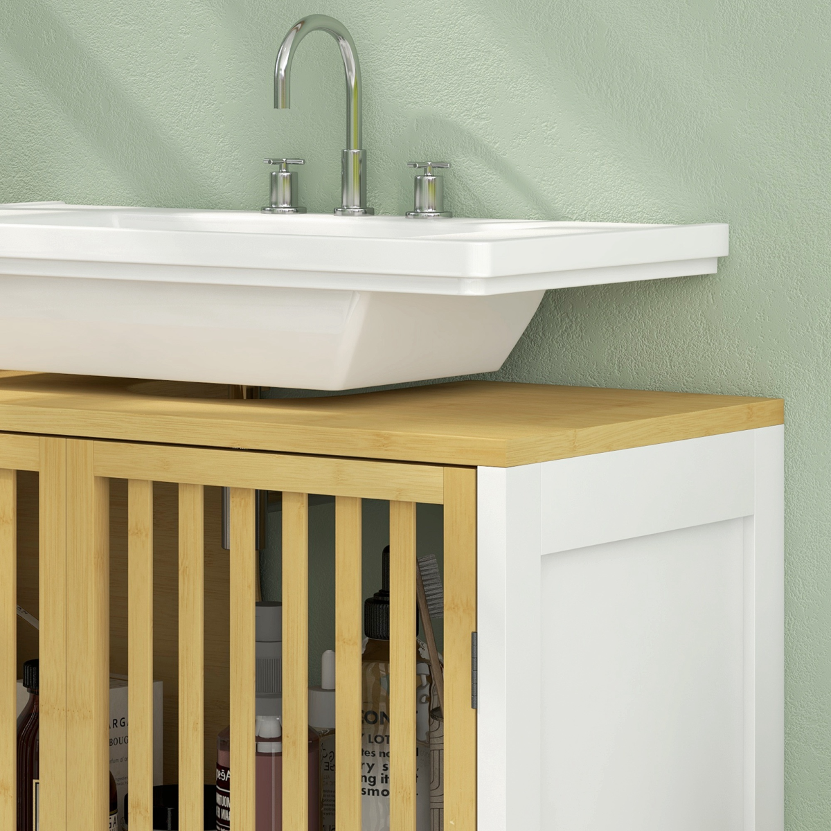 HOMCOM Under Sink Bathroom Cabinet, Bamboo Sink Storage Cabinet Slat Doors