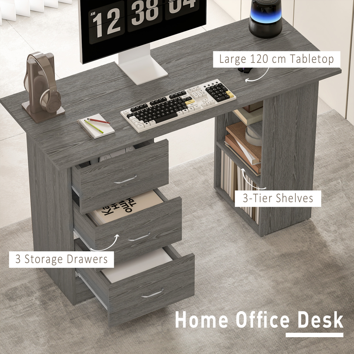 HOMCOM 120cm Computer Desk, Study Table with 3 Shelf & Drawers, Grey