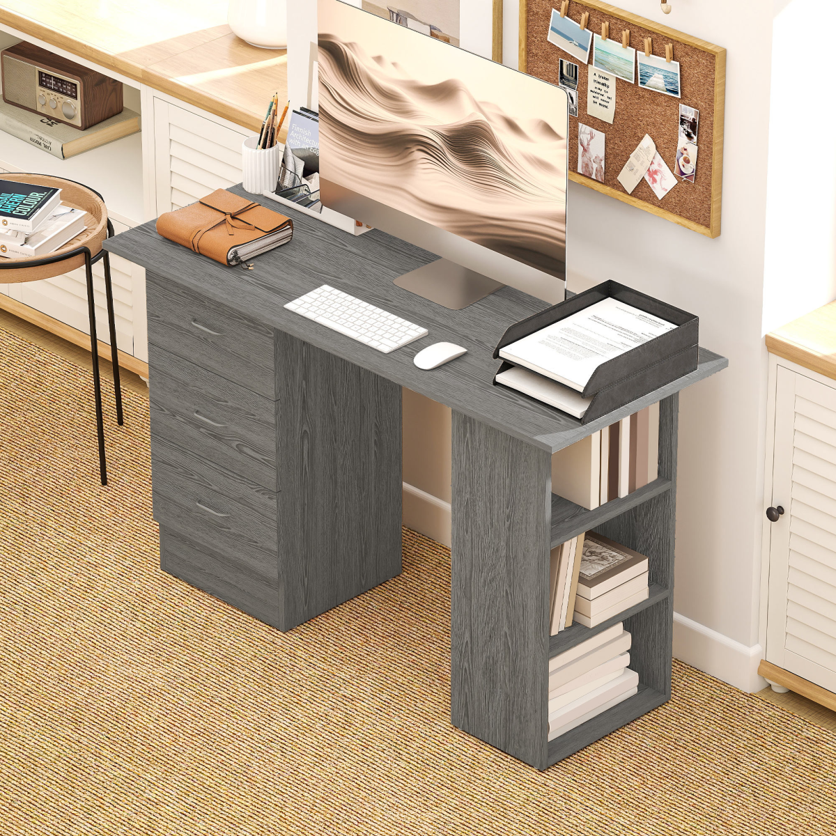 HOMCOM 120cm Computer Desk, Study Table with 3 Shelf & Drawers, Grey