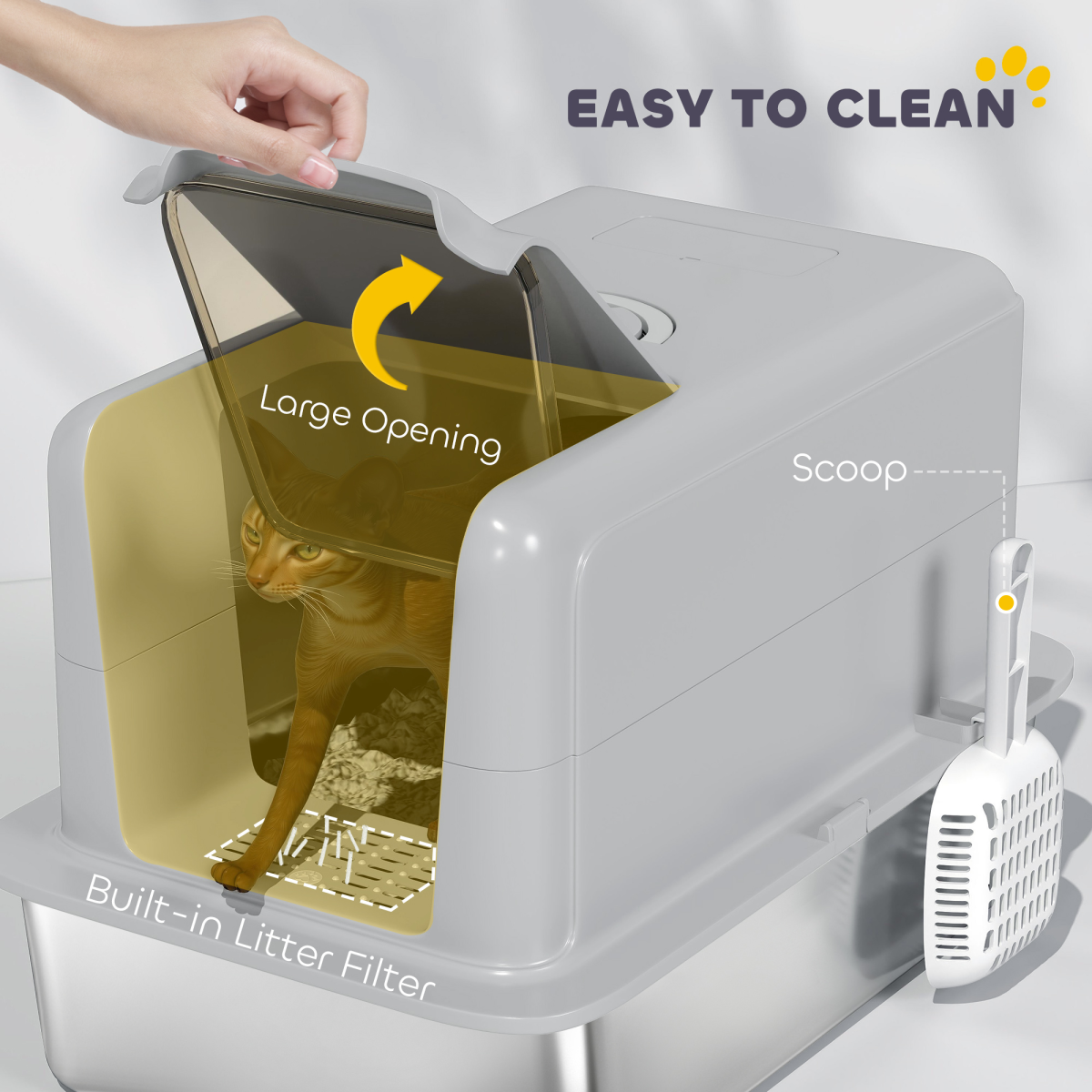 PawHut Stainless Steel Cat Litter Box with Removable Lid, Scoop