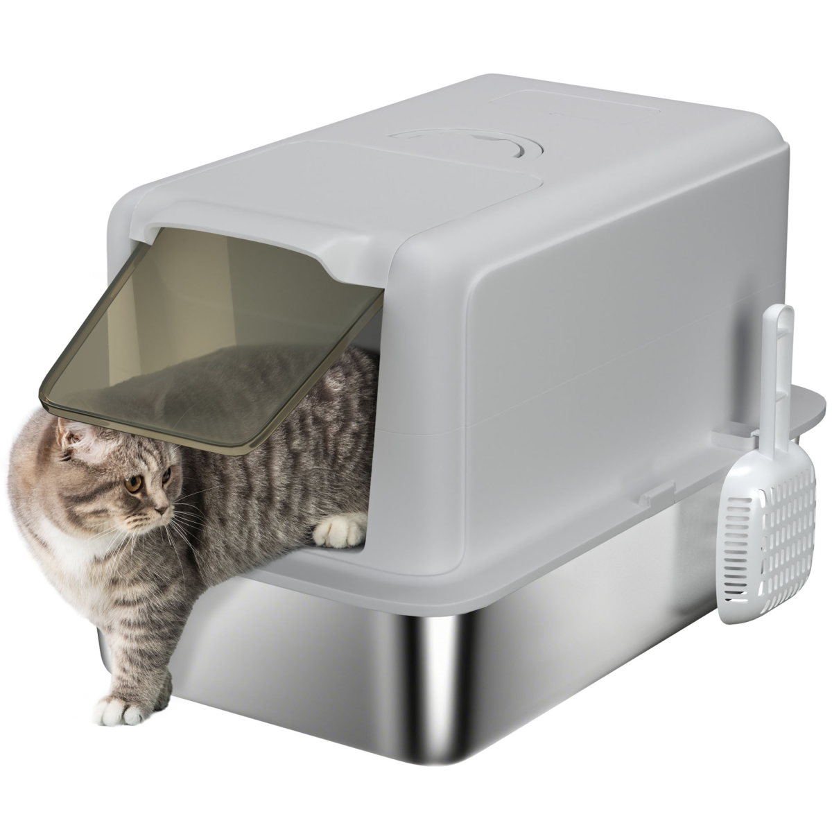 PawHut Stainless Steel Cat Litter Box with Removable Lid, Scoop