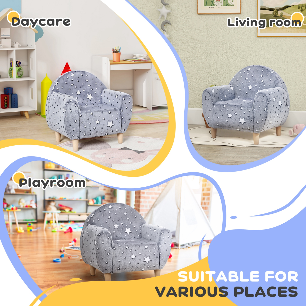 AIYAPLAY Kids Armchair, Glow in the Dark Chair for Bedroom, Grey