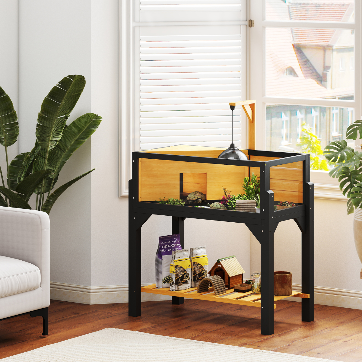 PawHut Wooden Tortoise House with Storage Shelf, Clear Observation Windows
